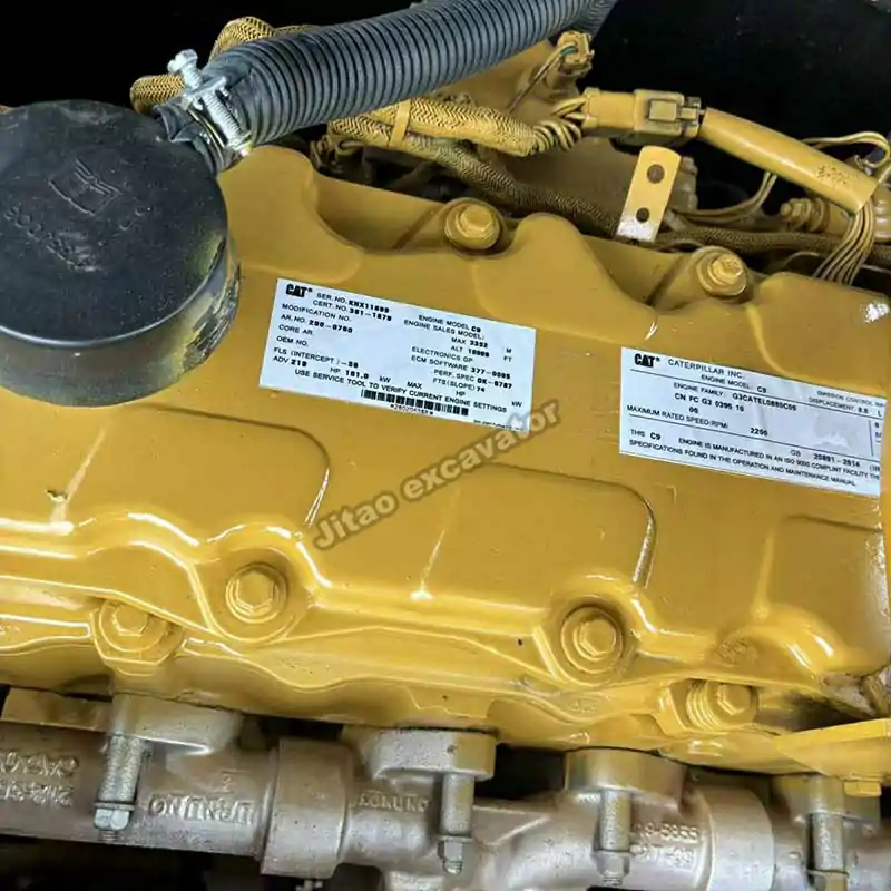 Close-up of Cat 329D2L engine compartment and specialized filters.