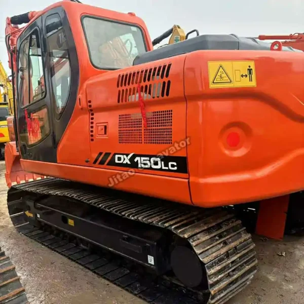 Rear angle of the Doosan DX150, showing its clean body and compact tail swing.