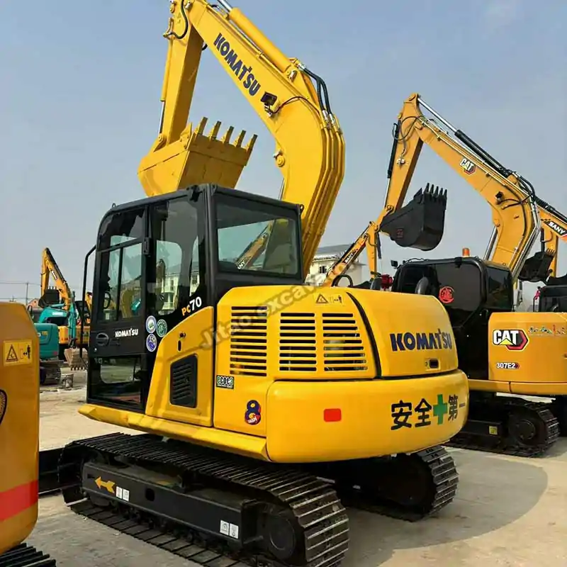 Rear view of Komatsu PC70 engine house, a well-maintained used mini excavators unit.