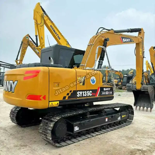 Rear angle view of a certified Sany SY135C Pro crawler for a premium used excavator sale.