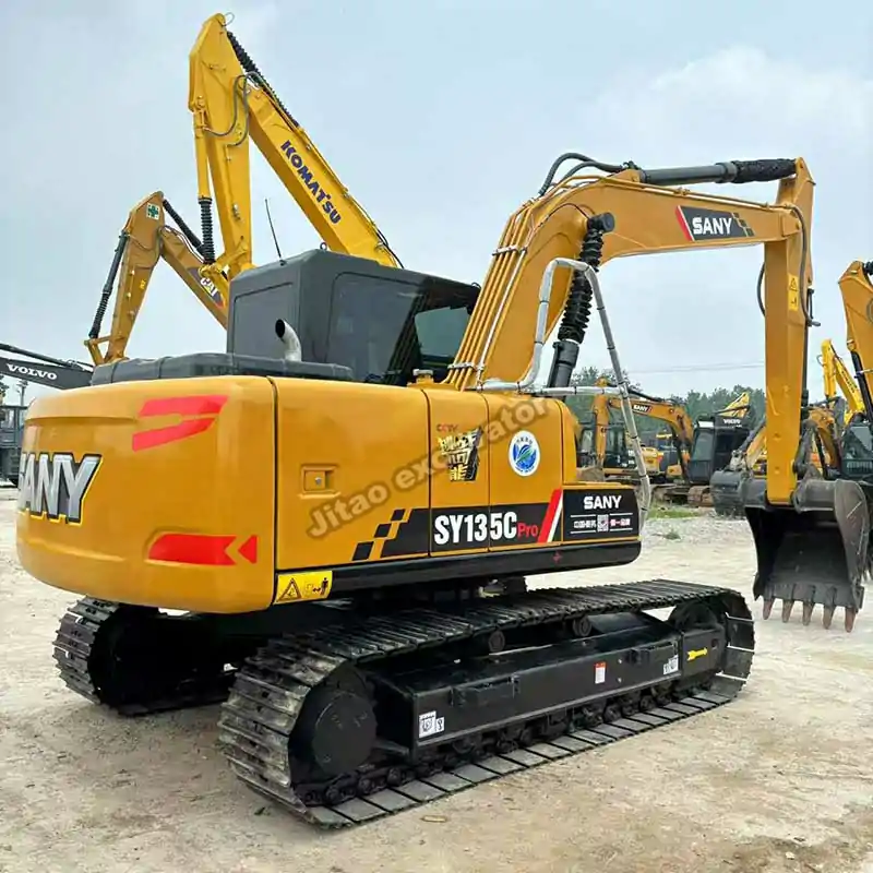 Rear angle view of a certified Sany SY135C Pro crawler for a premium used excavator sale.