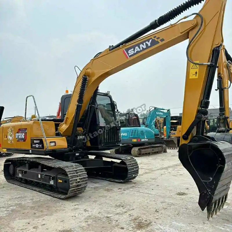 Left side profile of a certified Sany SY135C crawler for buyers seeking a used excavator for sale near me.