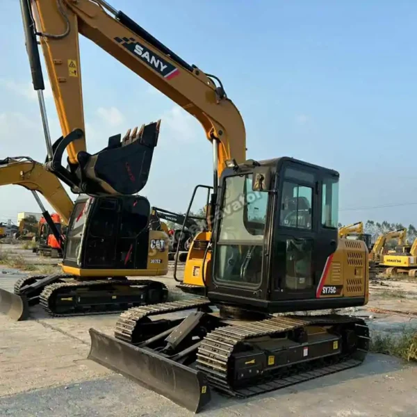 Durable Crawler Chassis Angled shot showing the tracks of the Sany SY75C Pro for buyers of mini excavators for sale used.