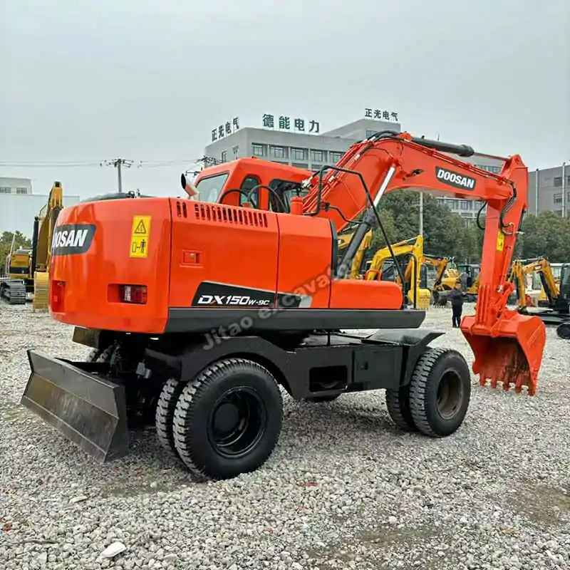 Full side view of a Doosan DX150W-9C wheeled excavator for sale.