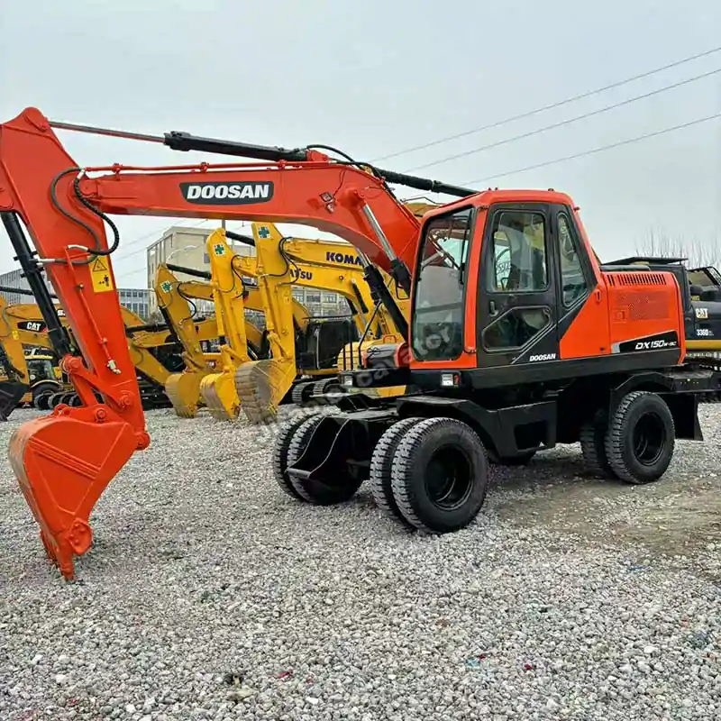 45-degree angle of an export-ready wheeled excavator for sale.