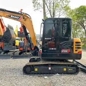 Full side view of a Sany SY55C showing the hydraulic boom and arm assembly.