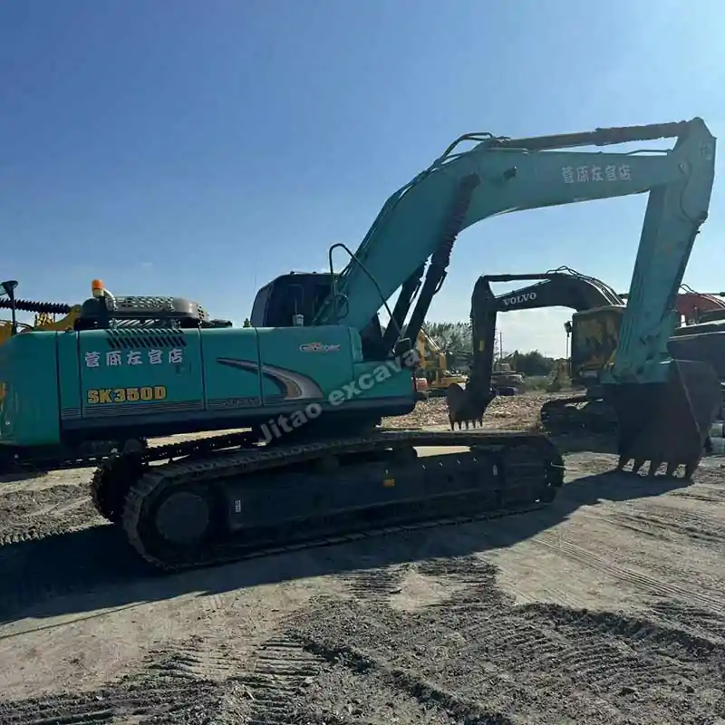 Side profile of Kobelco SK350 available in our certified used excavators for sale yard.