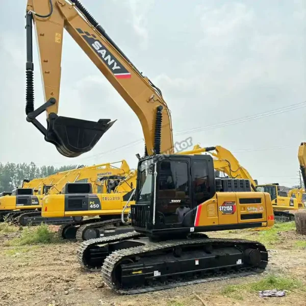 Efficient Digging Power Sany SY215 crawler with its boom raised, showing the strength of the used excavator buckets.