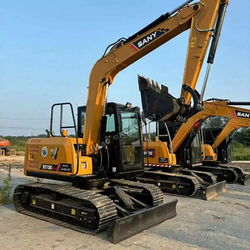 Side angle of a certified Sany SY75C Pro from our mini excavators for sale used inventory.