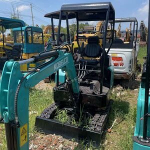 Side view of a turquoise Kobelco SK17, a premium selection of used mini excavators at Jitao.
