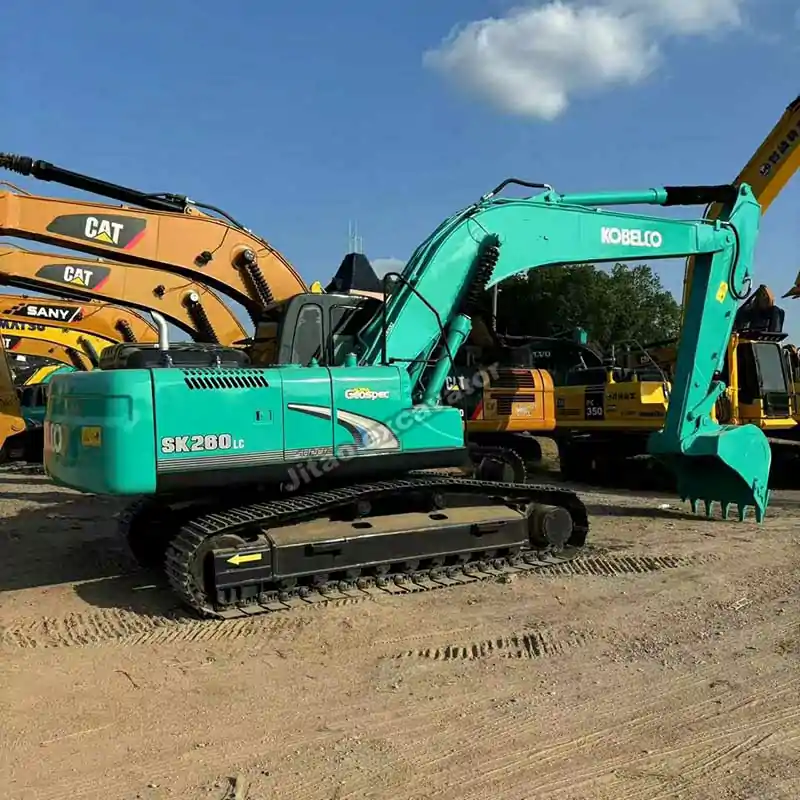Side view of Kobelco SK260, a premium choice for those seeking a used mini excavator for sale.