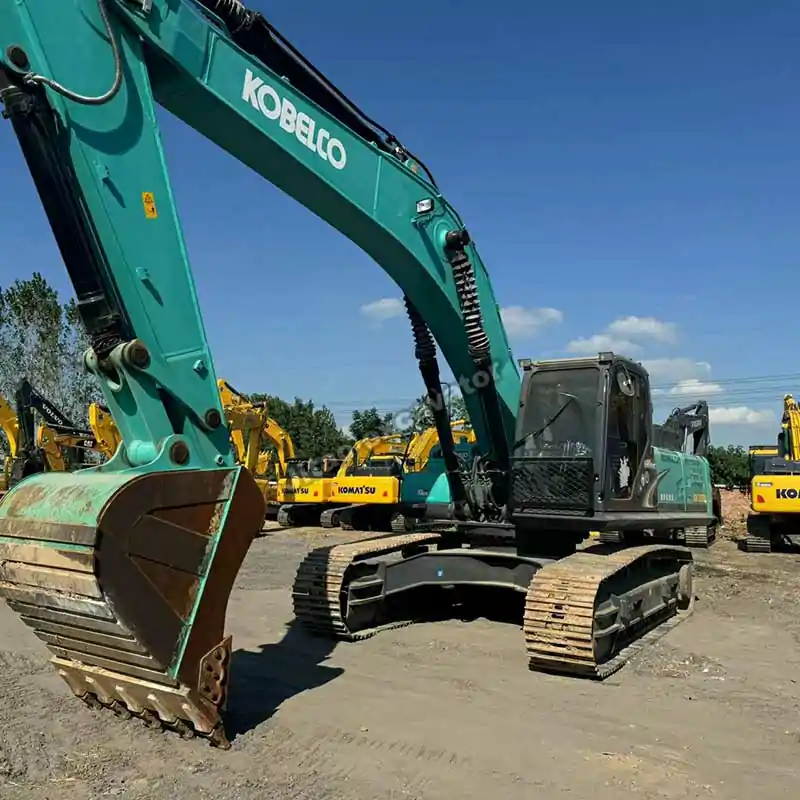 Front view of a 35-ton Kobelco SK350, a top choice for used excavators for sale.