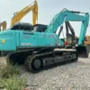 Structural Integrity Rear angle of Kobelco SK350LC, an upgrade for buyers seeking a used compact excavator for sale.