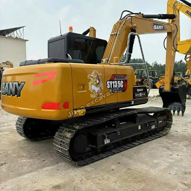 Rear view of Sany SY135C showing the counterweight and cabin of this used excavator for sale near me.