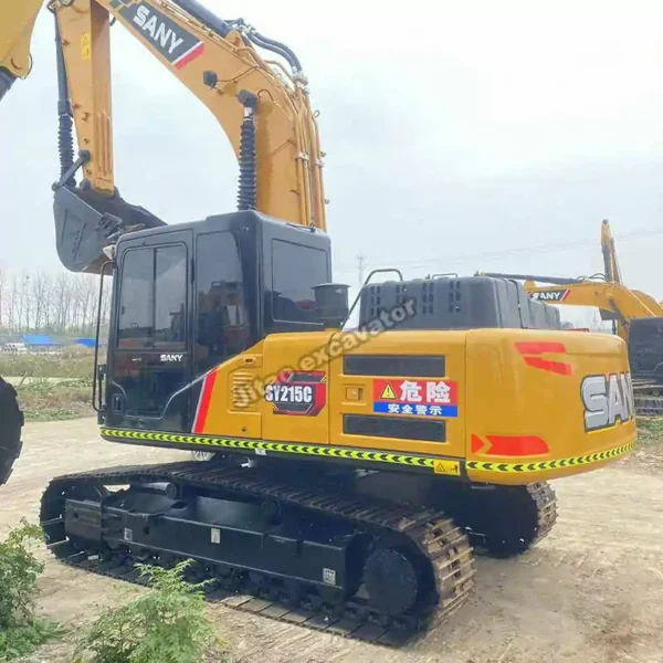 Reliable SY215C Rear Rear angle of a Sany SY215C crawler, featuring reinforced used excavator buckets for sale.
