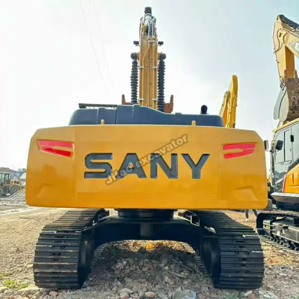 Rear angle of a Sany SY305 crawler, demonstrating our best excavators for sale used deals.