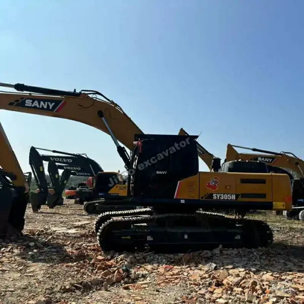 Rear angle view of a Sany SY305H, part of our professional used excavator sales stock.