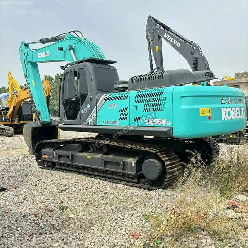 Back view of Kobelco SK350LC, part of our premium used compact excavator for sale inventory.