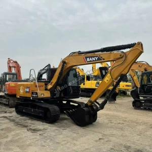 Side view of a Sany SY135, a high-performance used compact excavator at Jitao yard.