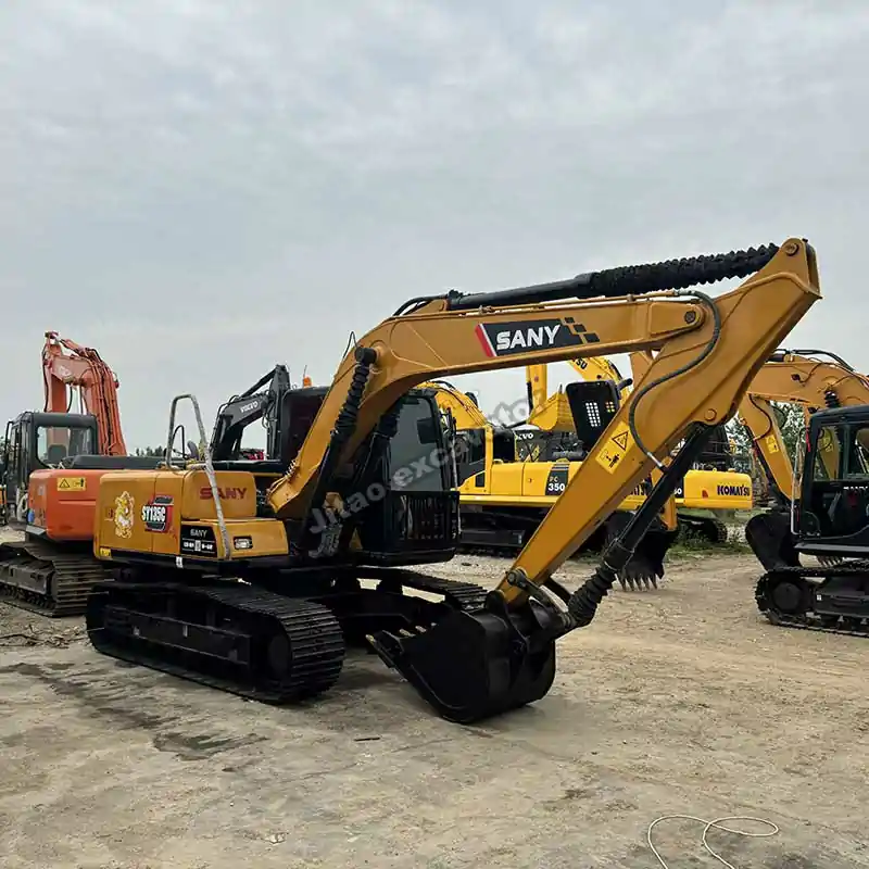 Side view of a Sany SY135, a high-performance used compact excavator at Jitao yard.