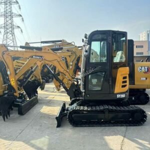 Side view of a yellow Sany SY26U, a versatile mini used excavator in stock.