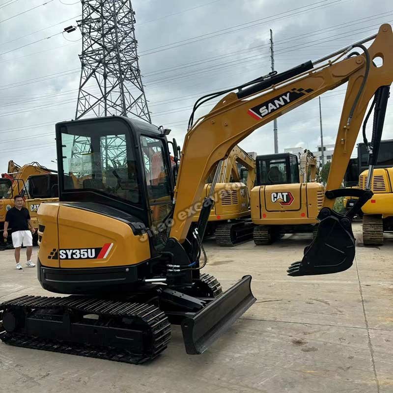 Side view of a yellow Sany SY35U, a top-tier choice for used mini excavator sale.