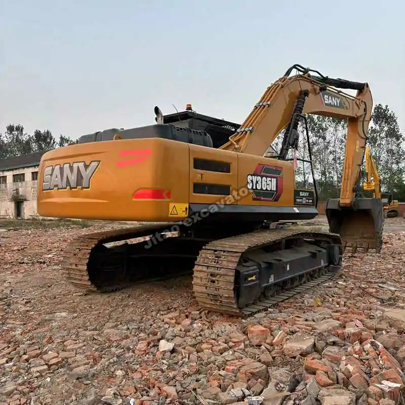 Rear angle view of a Sany SY365, showing the original paint of this excavator used.