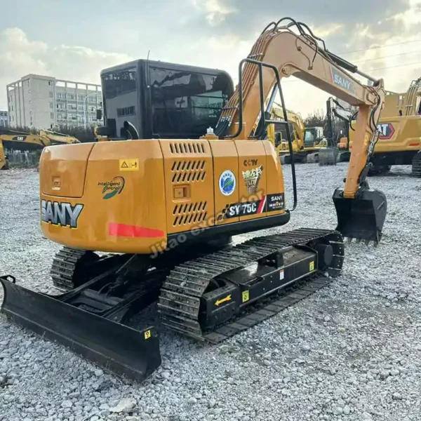 Angled front view of Sany SY75C, an efficient mini used excavator for sale.