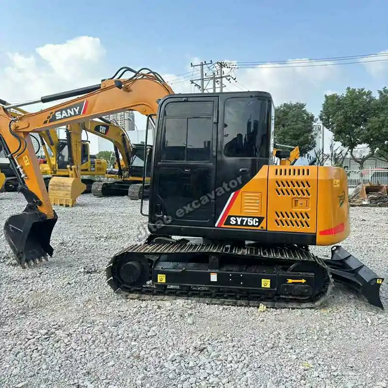 Side view of a Sany SY75C, a high-quality mini used excavator for construction.