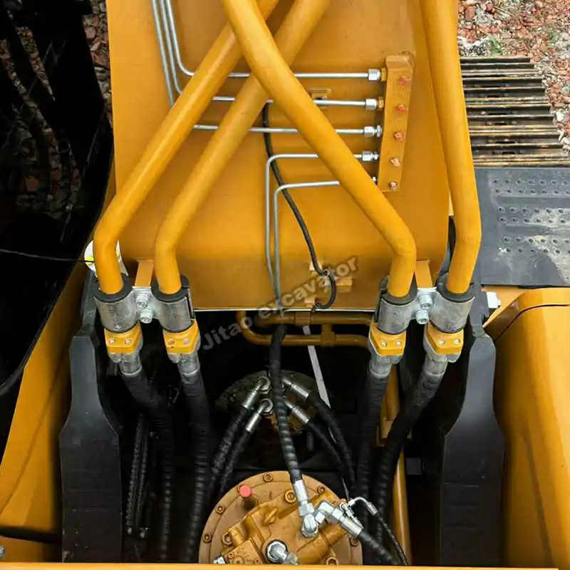 Top-down view of hydraulic lines on SY365H, ready to buy used excavator.